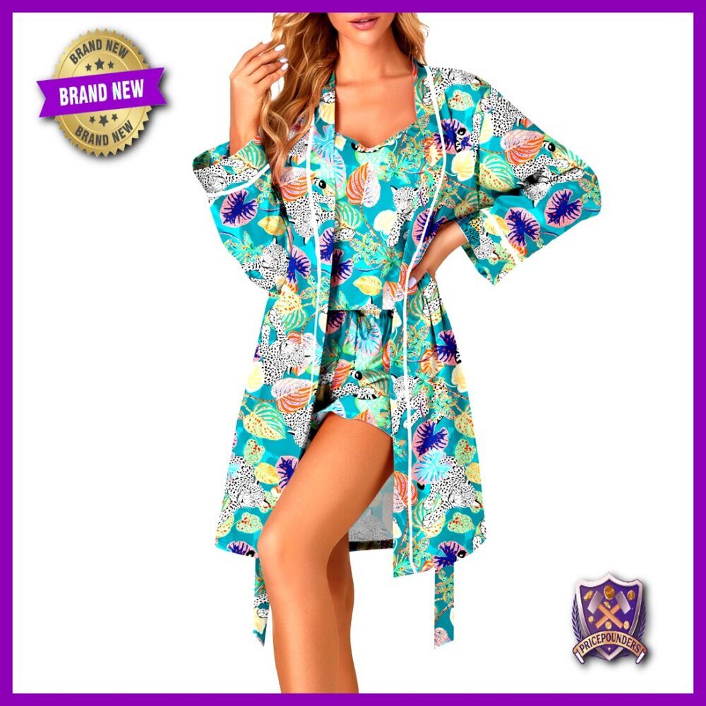 Satin Pajama Set with Robe, Cami Top, Shorts - Size Small